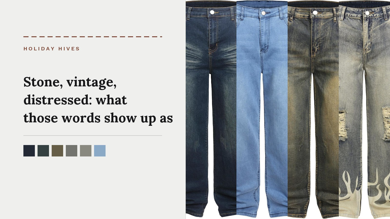 Four wide leg jeans side by side showing a deep indigo, a light blue, an olive-tinted vintage wash and a distressed pair with a cream flame print