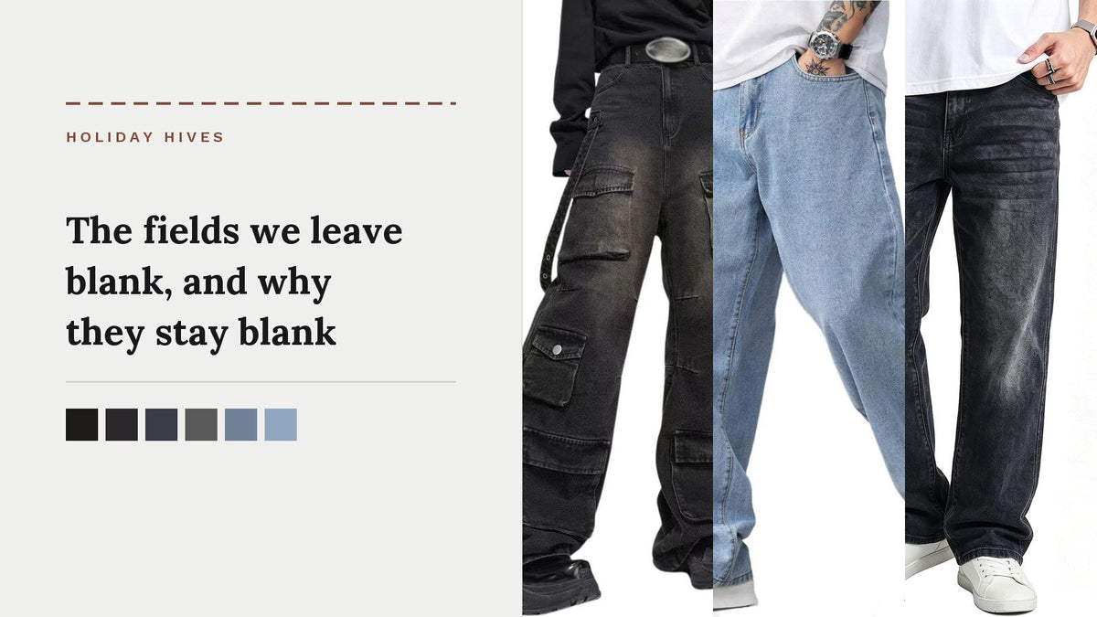 Three pairs of jeans side by side: a black cargo, a light blue baggy and a charcoal wide leg