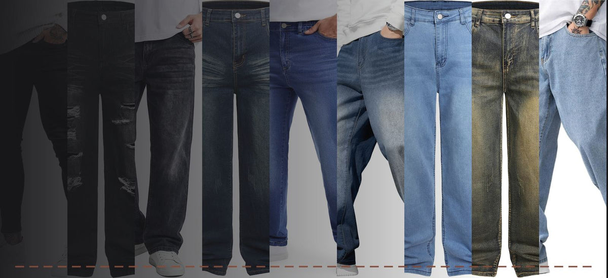 Nine pairs of jeans photographed side by side, running from black through charcoal and indigo to a pale vintage wash