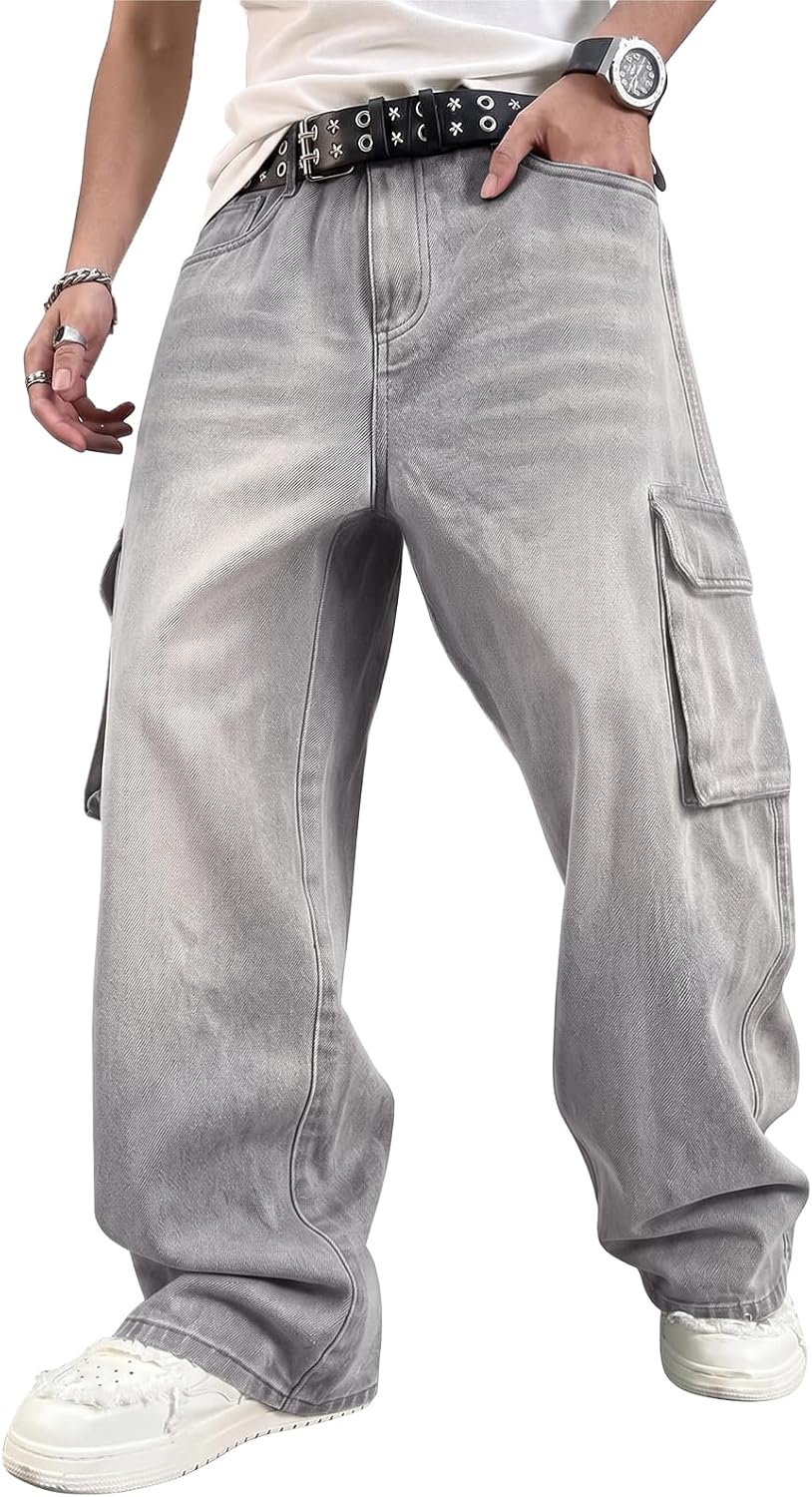 Baggy Cargo Jeans for Men and Women in Light Grey