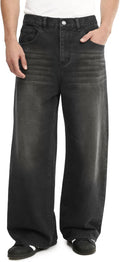 Men's Baggy Fit Jean Pants - Vintage Wash Cotton Denim with Semi Elastic Waist for Daily Outdoor Wear - Small