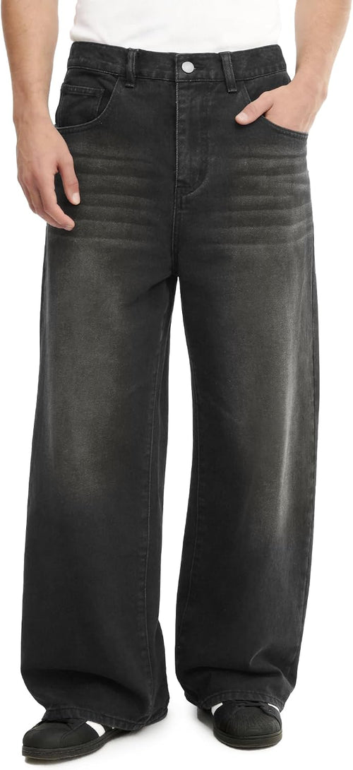 Men's Baggy Fit Jean Pants - Vintage Wash Cotton Denim with Semi Elastic Waist for Daily Outdoor Wear - Small