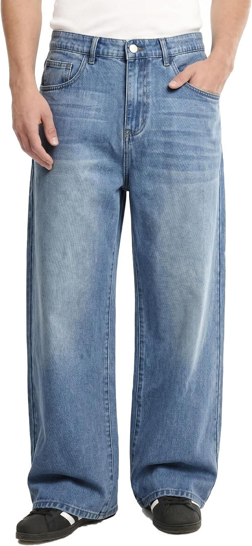 Men's Baggy Fit Jean Pants - Vintage Wash Cotton Denim with Semi Elastic Waist for Daily Outdoor Wear - Small
