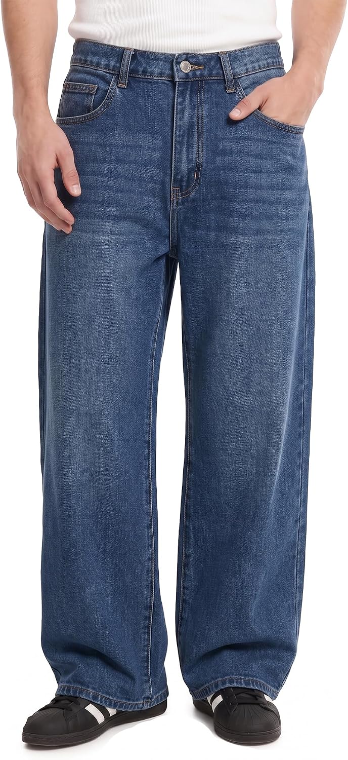 Men's Baggy Jeans, vintage wash with semi elastic waist, view 3