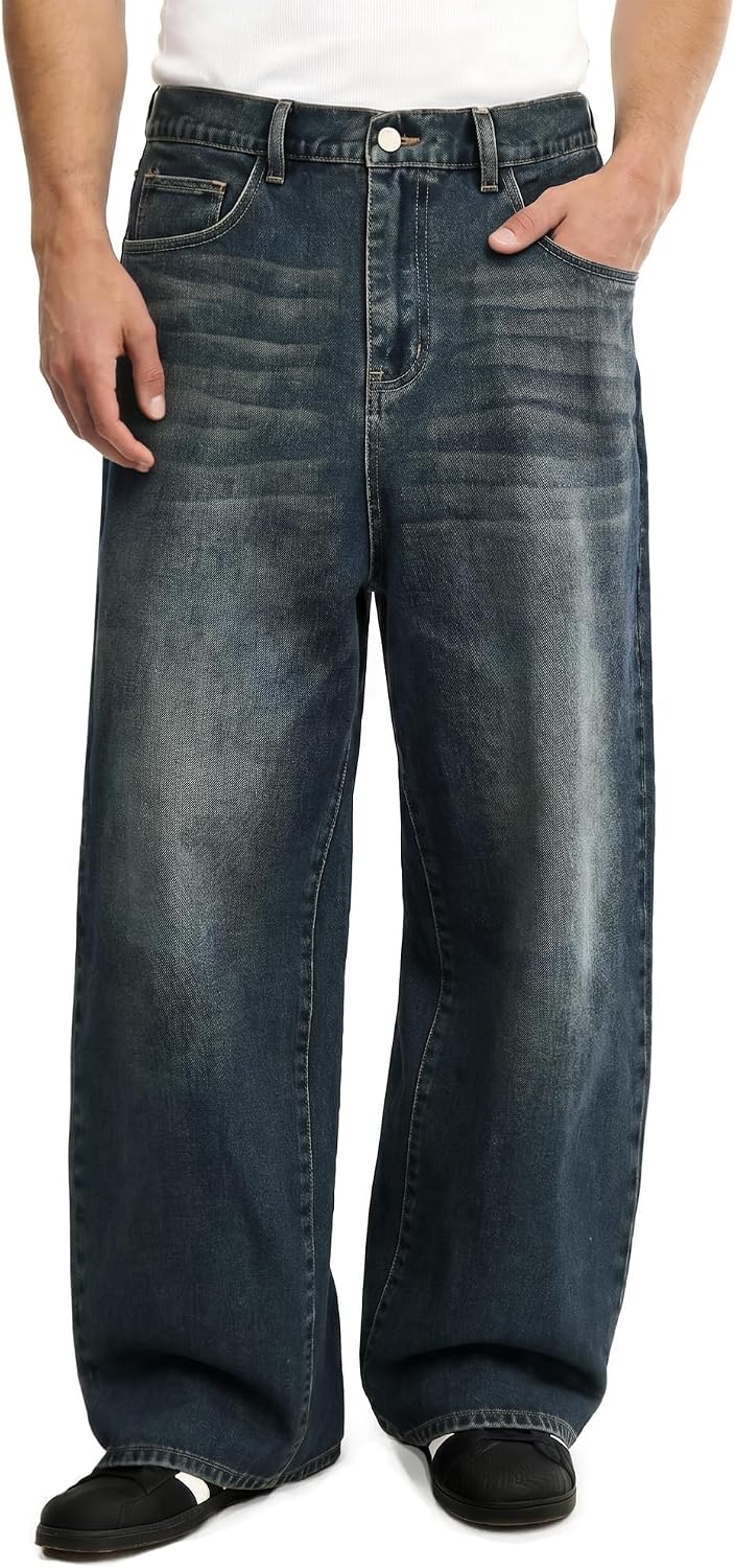 Men's Baggy Jeans, vintage wash with semi elastic waist, view 4