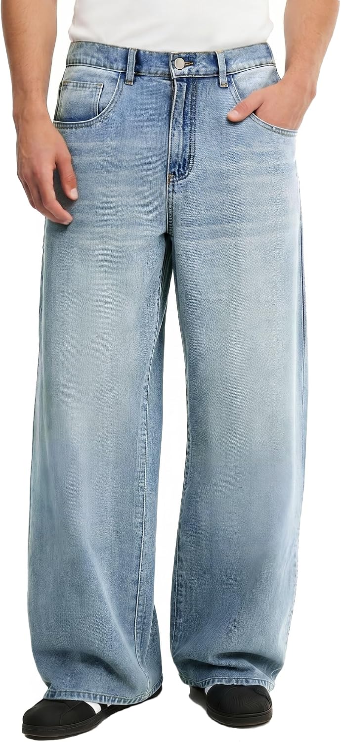 Men's Baggy Jeans, vintage wash with semi elastic waist, view 6