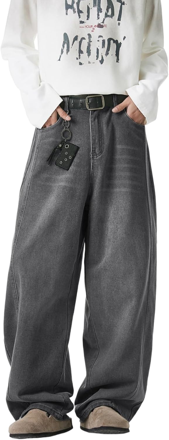 Men's Baggy Hip Hop Jeans - Wide Leg Skater Denim Trousers with a Casual Loose Fit for Long Days Out - Grey