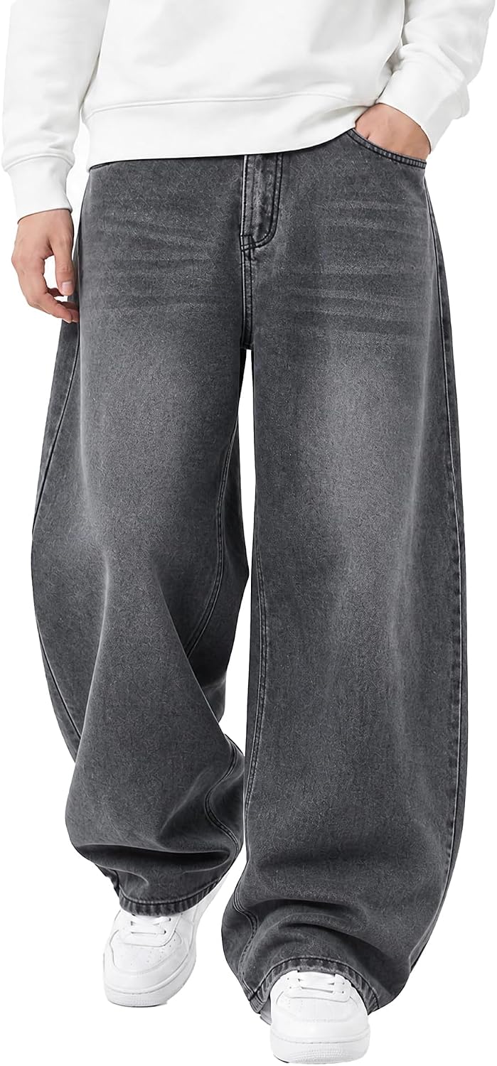 Men's Baggy Hip Hop Jeans - Wide Leg Skater Denim Trousers with a Casual Loose Fit for Long Days Out - Grey (14)