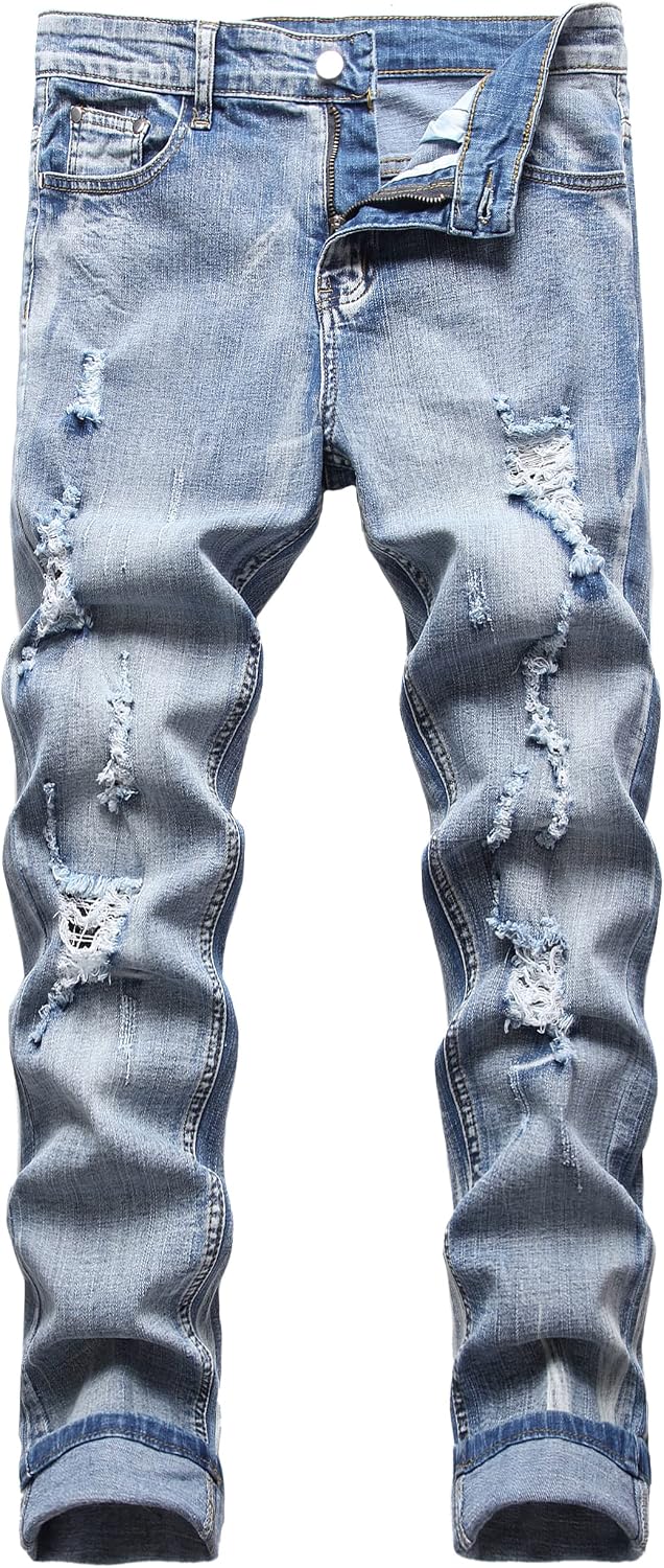 Men's Distressed Stretch Denim Jeans - Slim Ripped Skinny Fit with Flex Waist for Casual Weekend Wear - 30