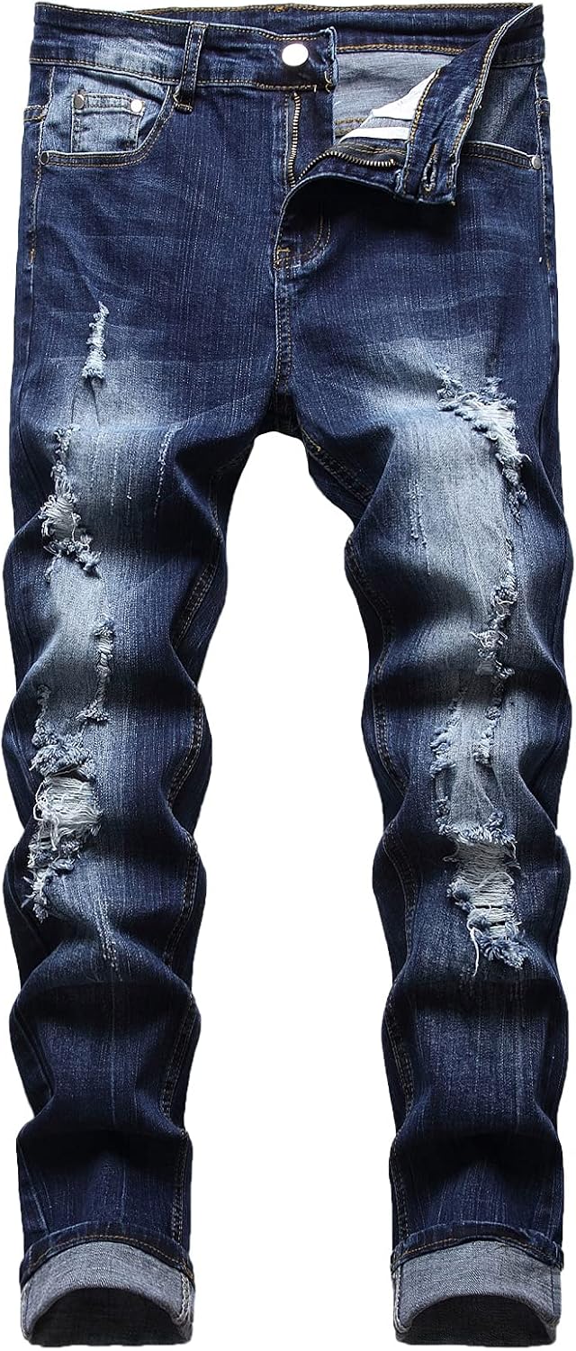 Men's Distressed Stretch Jeans in Mid Indigo