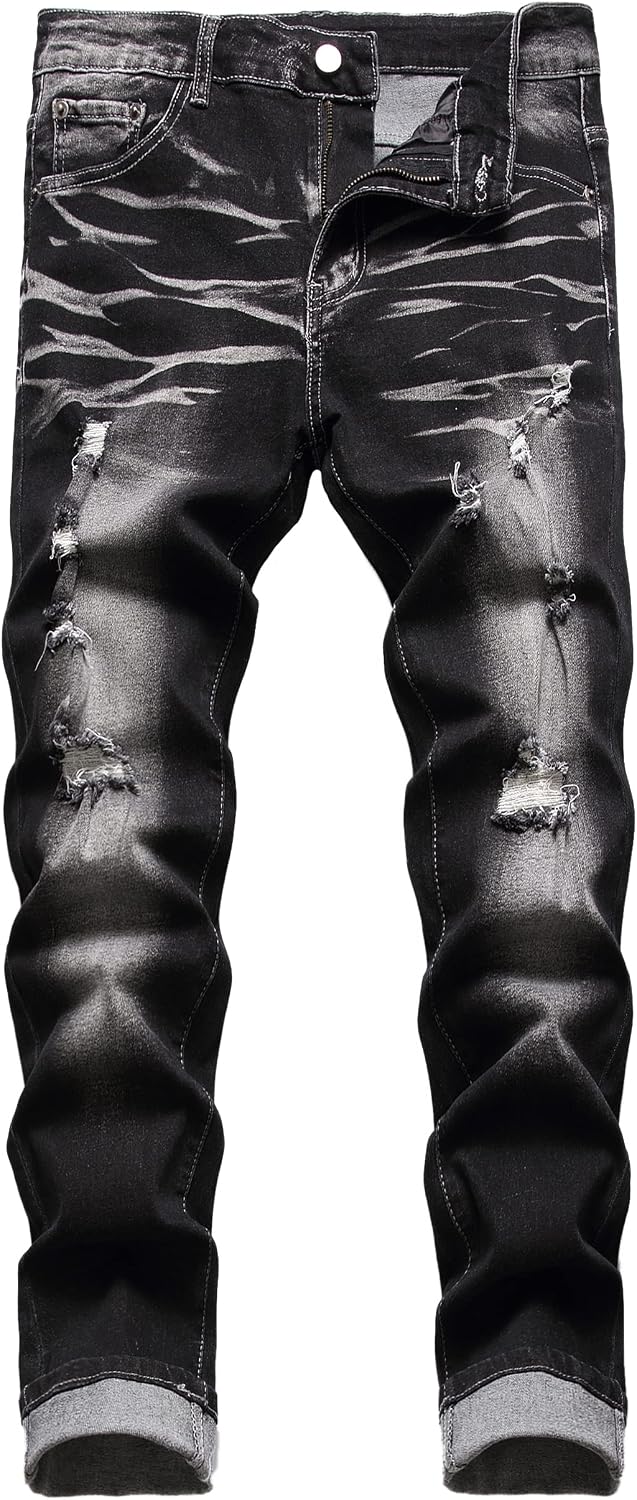 Men's Distressed Stretch Denim Jeans - Slim Ripped Skinny Fit with Flex Waist for Casual Weekend Wear - 30