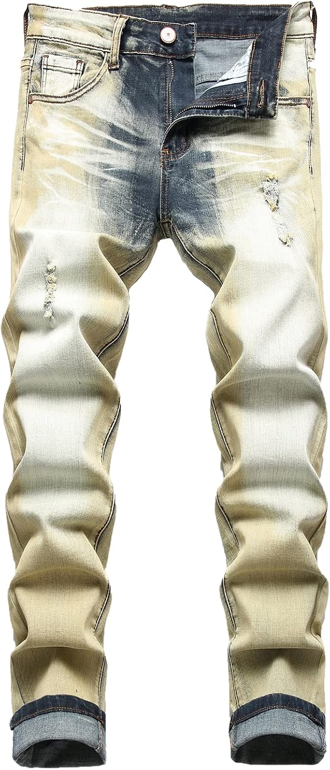 Men's Distressed Stretch Denim Jeans - Slim Ripped Skinny Fit with Flex Waist for Casual Weekend Wear - 32