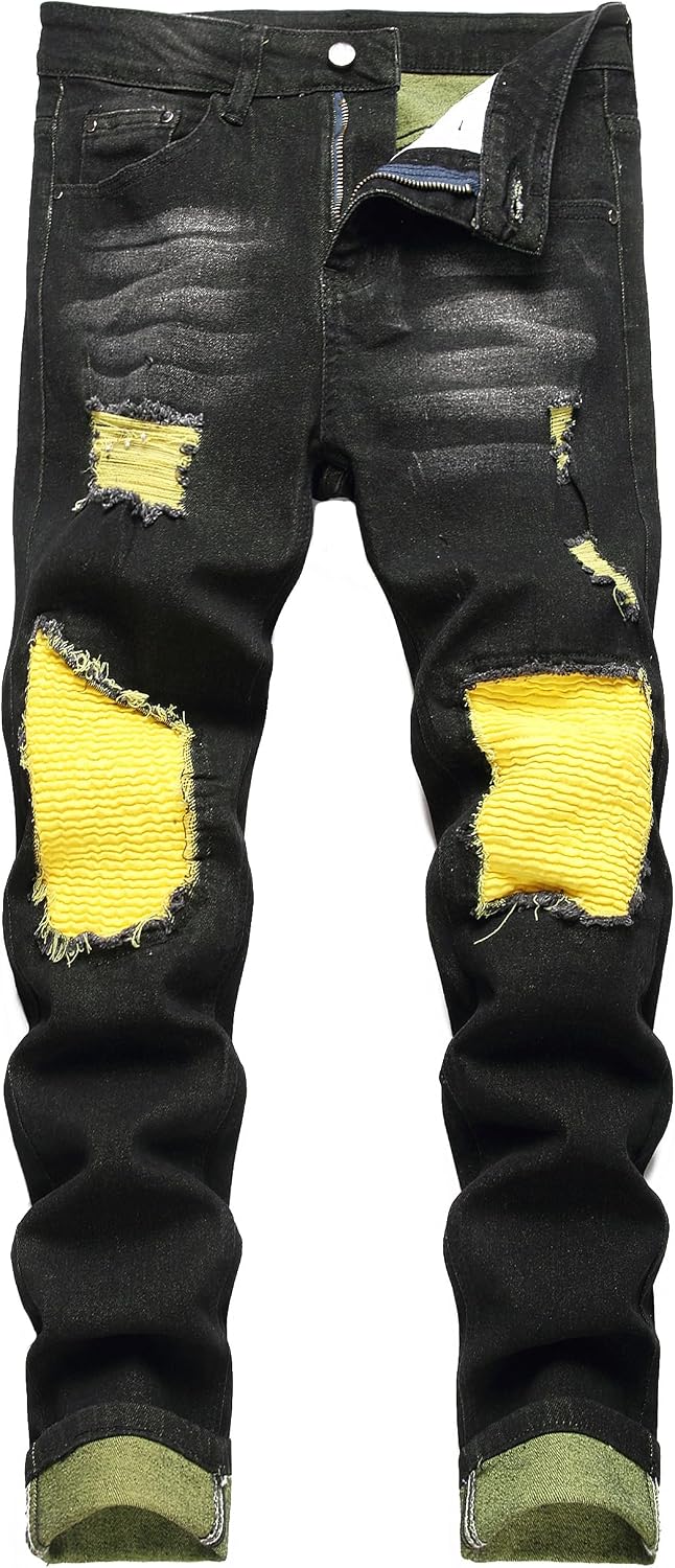 Men's Distressed Stretch Denim Jeans - Slim Ripped Skinny Fit with Flex Waist for Casual Weekend Wear - 32