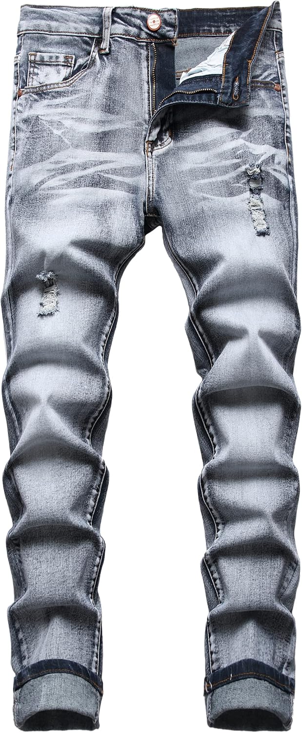 Men's Distressed Stretch Denim Jeans - Slim Ripped Skinny Fit with Flex Waist for Casual Weekend Wear - 34