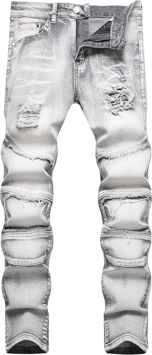 Men's Distressed Stretch Denim Jeans - Slim Ripped Skinny Fit with Flex Waist for Casual Weekend Wear - 34