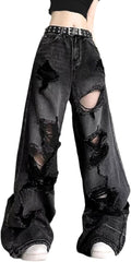 Women's and Men's Ripped Baggy Jeans - High Rise Straight Leg Distressed Denim for Grunge Outfits - Small
