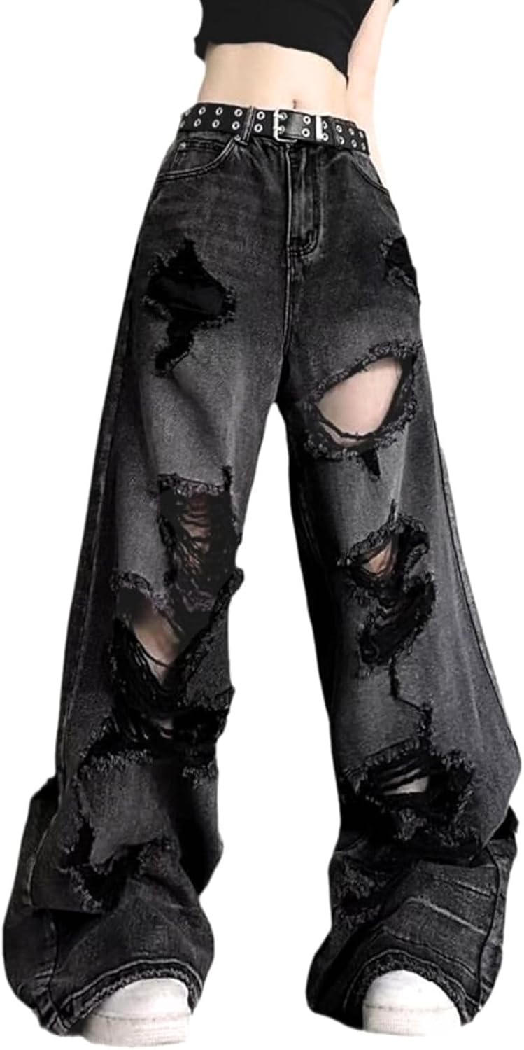 Women's and Men's Ripped Baggy Jeans - High Rise Straight Leg Distressed Denim for Grunge Outfits - Small
