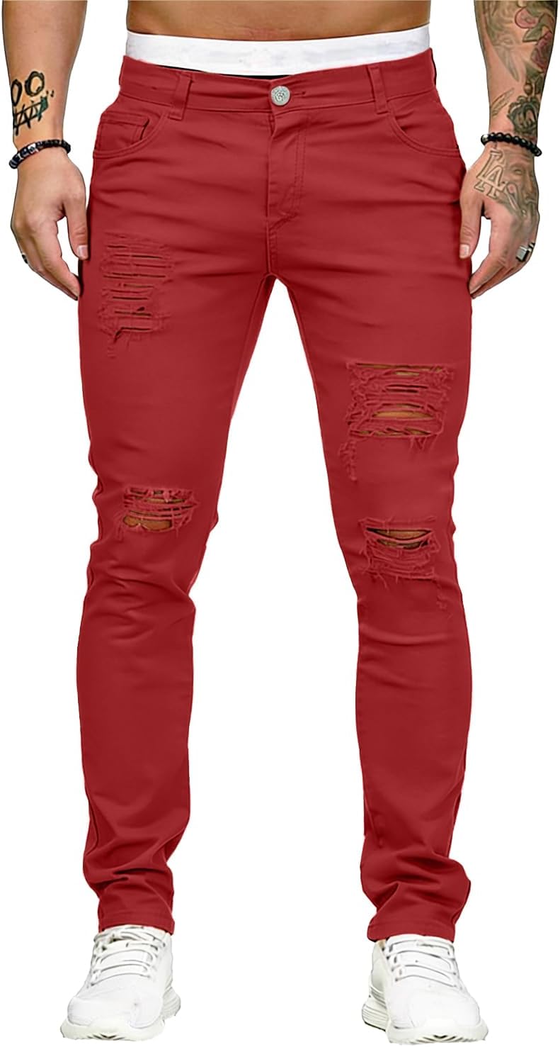 Men's Side Striped Slim Fit Jeans - Stretch Ripped Skinny Denim with Destroyed Knees for Night Out Wear - 2024Red