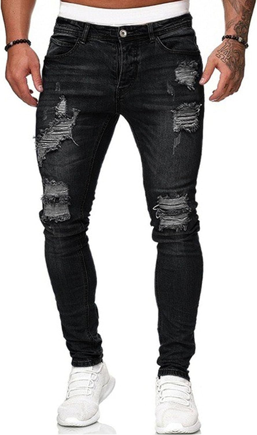 Men's Side Striped Slim Fit Jeans - Stretch Ripped Skinny Denim with Destroyed Knees for Night Out Wear - 2024Red
