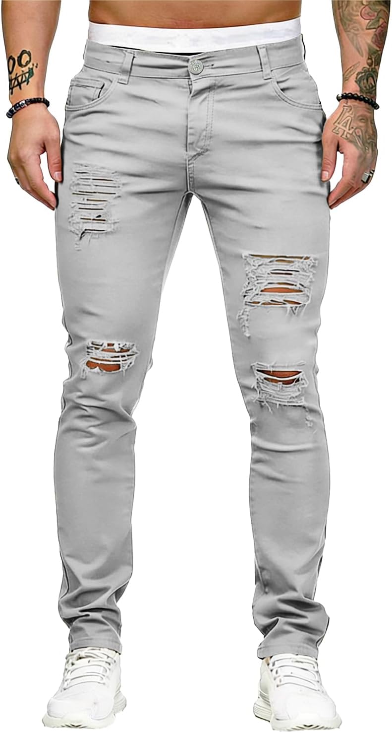 Men's Side Striped Slim Fit Jeans - Stretch Ripped Skinny Denim with Destroyed Knees for Night Out Wear - 2024Red