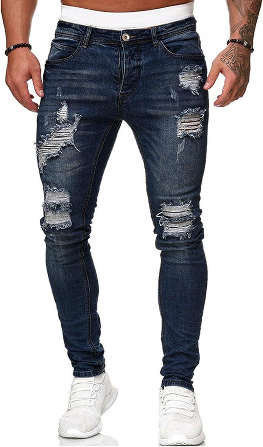 Men's Ripped Skinny Jeans in Dark Indigo