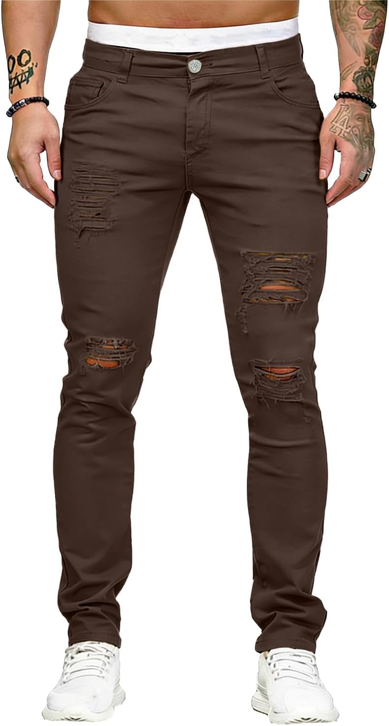 Men's Side Striped Slim Fit Jeans - Stretch Ripped Skinny Denim with Destroyed Knees for Night Out Wear - 2024Red