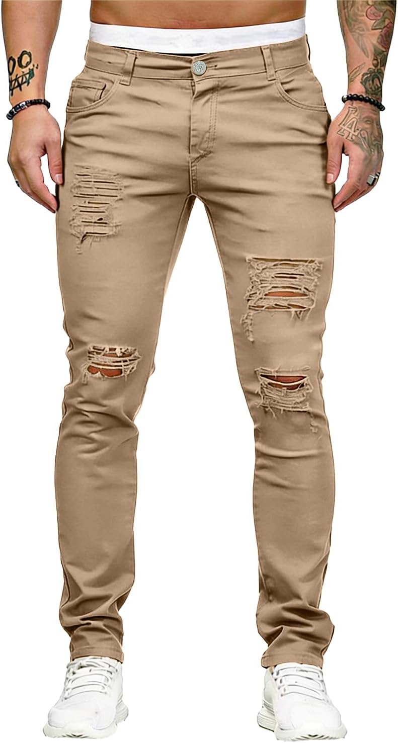 Men's Ripped Skinny Jeans in Light Khaki
