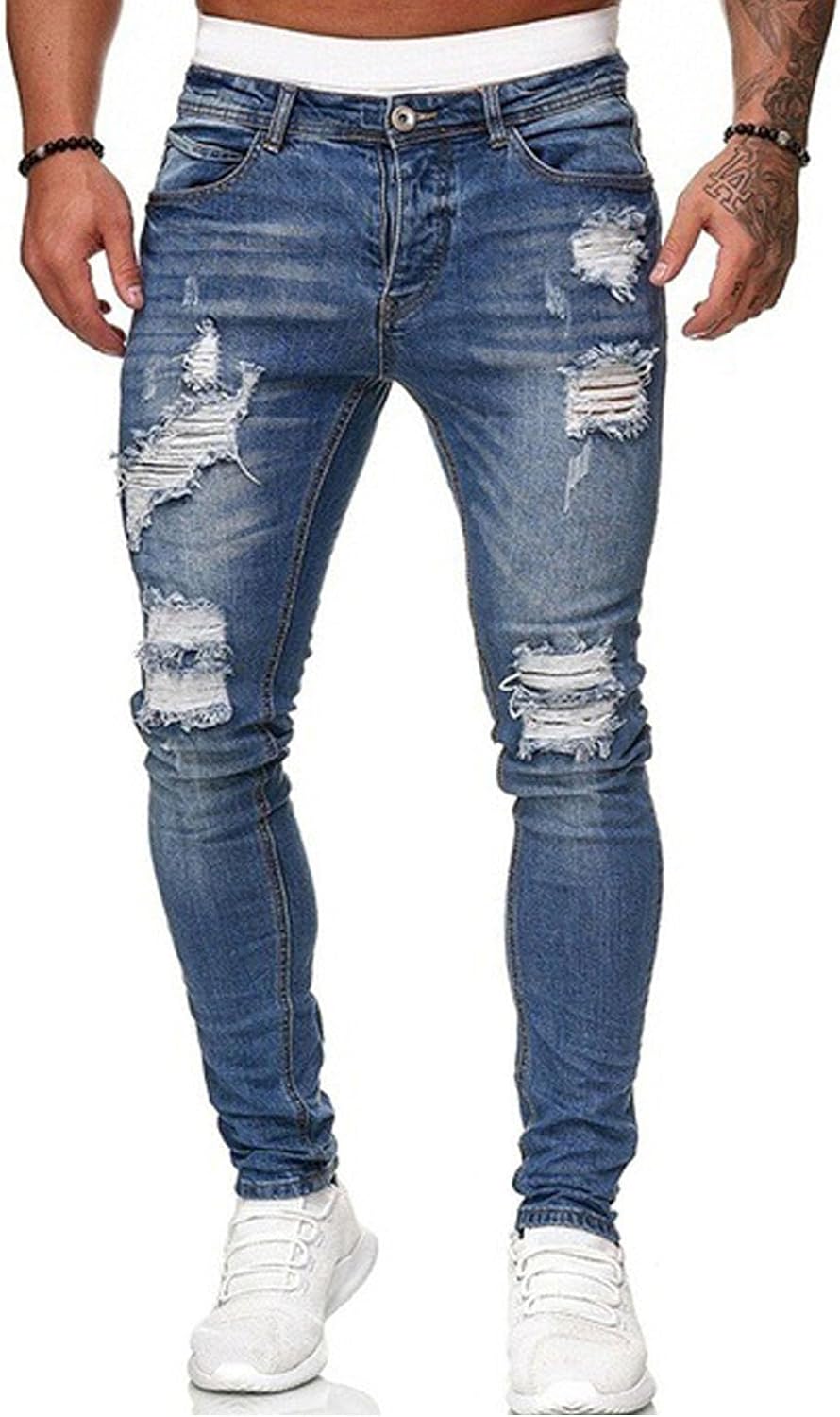 Men's Side Striped Slim Fit Jeans - Stretch Ripped Skinny Denim with Destroyed Knees for Night Out Wear - Darkblue