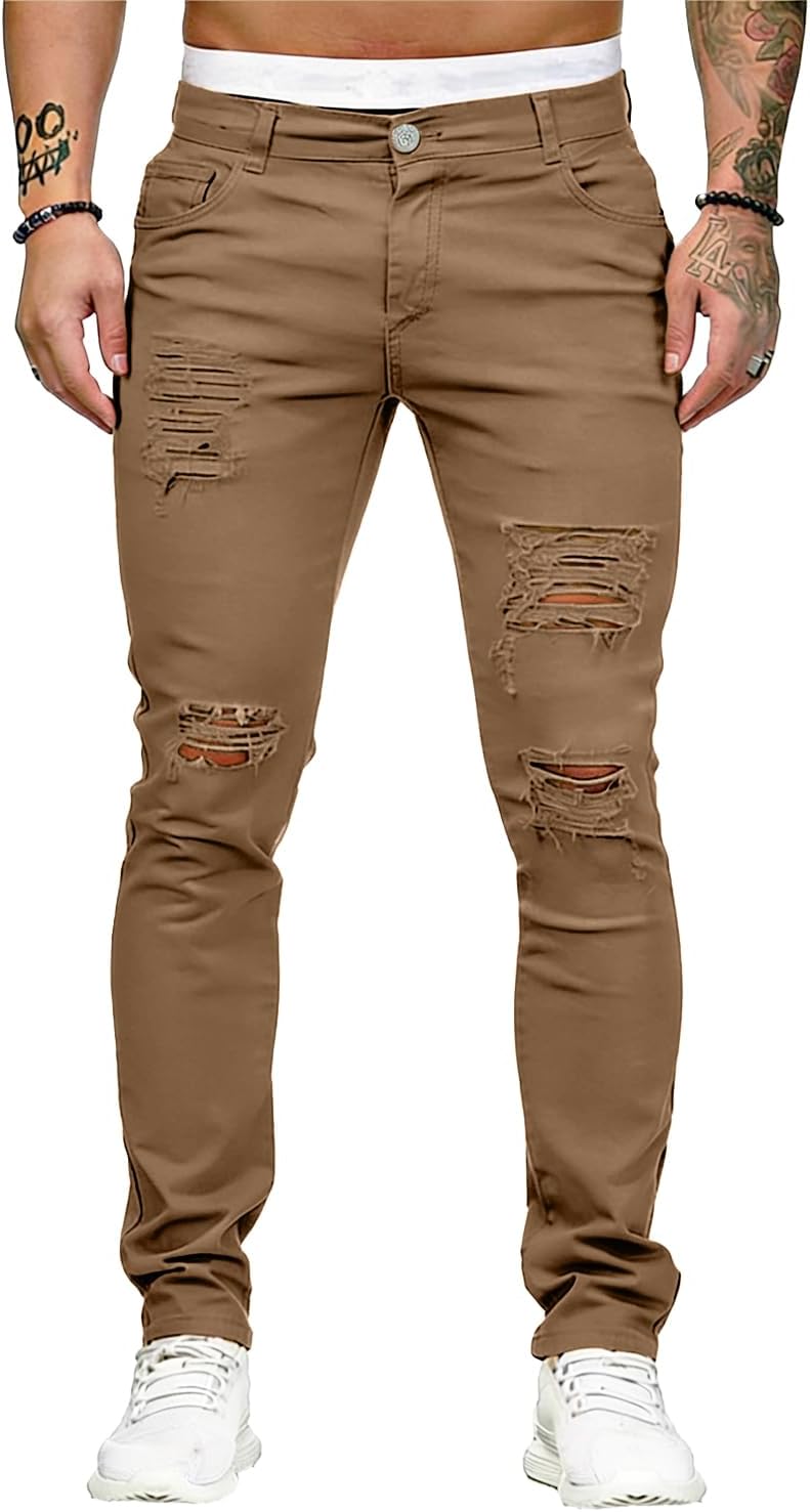 Men's Ripped Skinny Jeans in Khaki