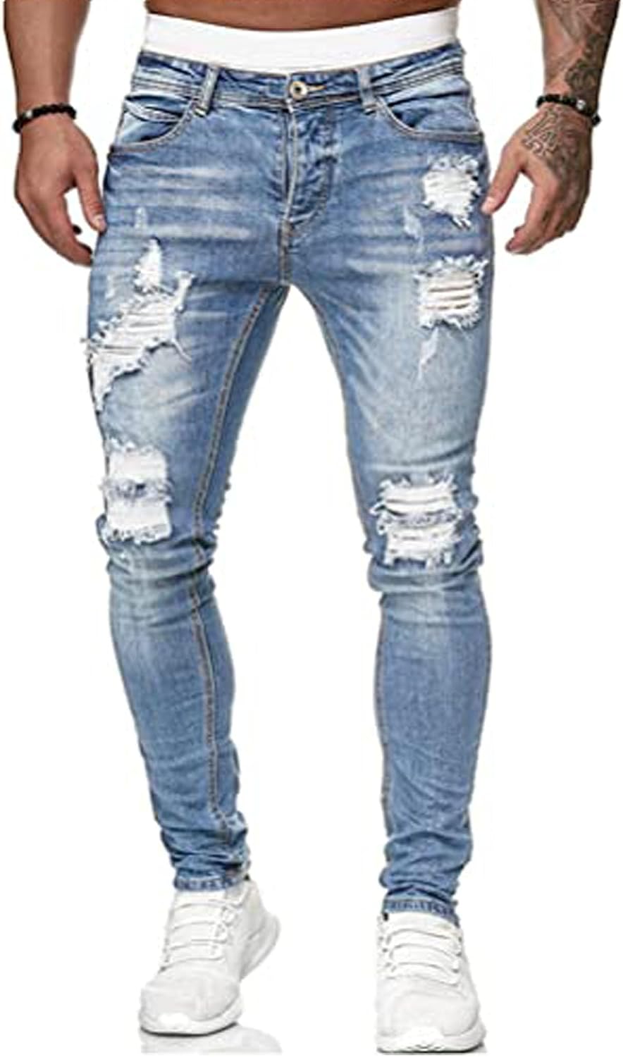 Men's Side Striped Slim Fit Jeans - Stretch Ripped Skinny Denim with Destroyed Knees for Night Out Wear - Darkblue