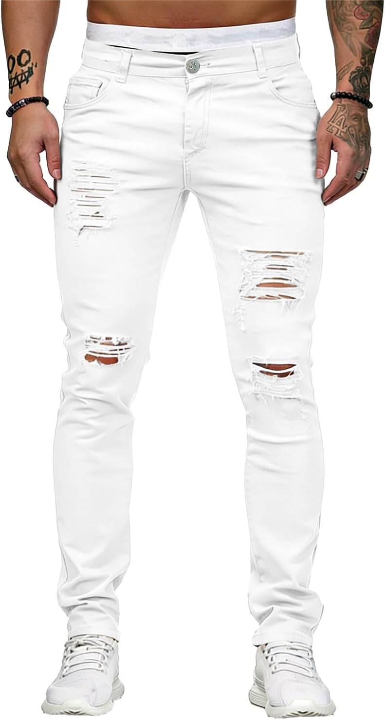 Men's Ripped Skinny Jeans in White