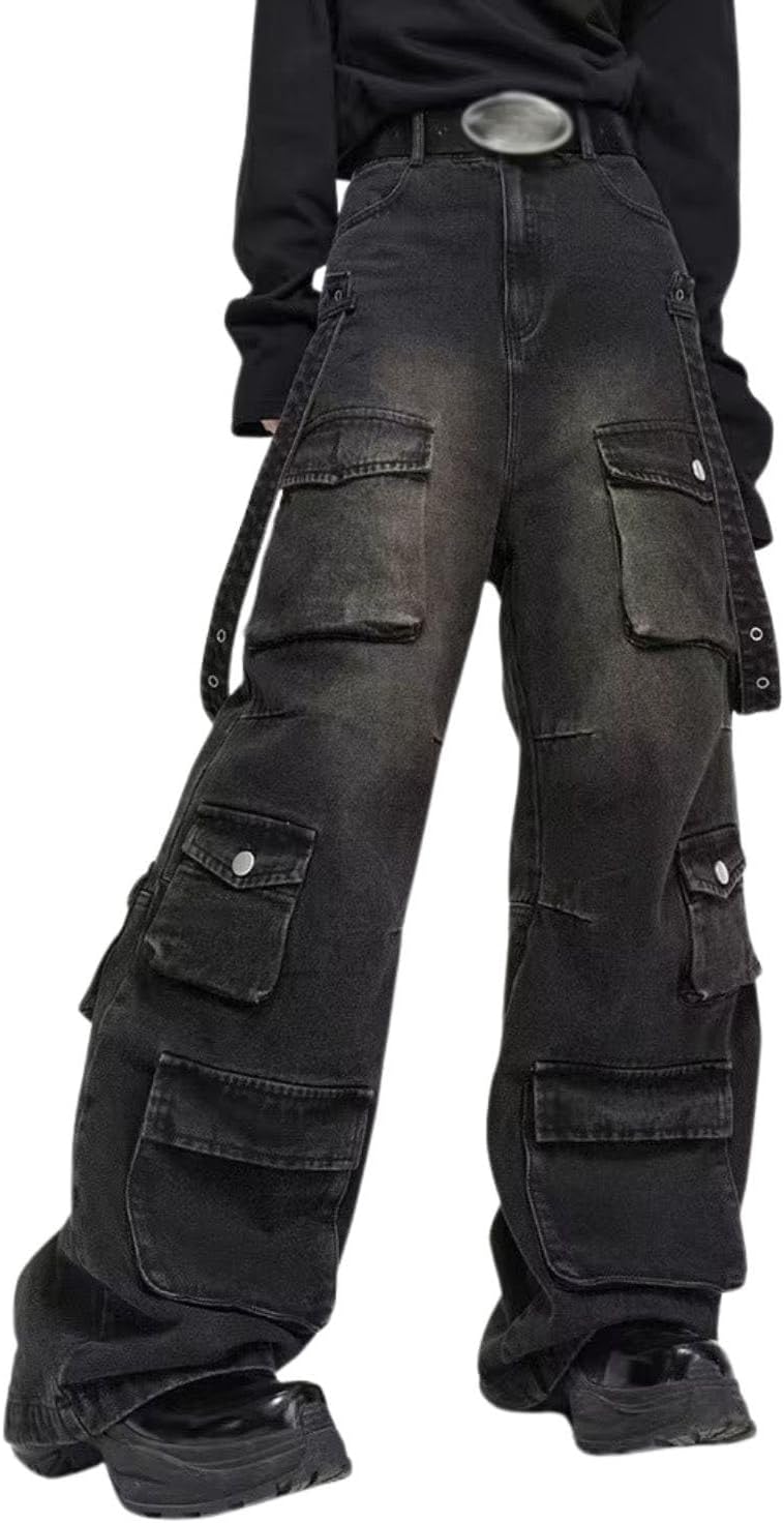 Unisex Baggy Cargo Jeans - Wide Leg High Waist Denim with Multiple Pockets for Grunge Streetwear - Small