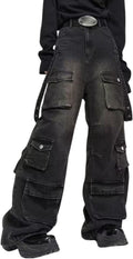 Unisex Baggy Cargo Jeans - Wide Leg High Waist Denim with Multiple Pockets for Grunge Streetwear - Small
