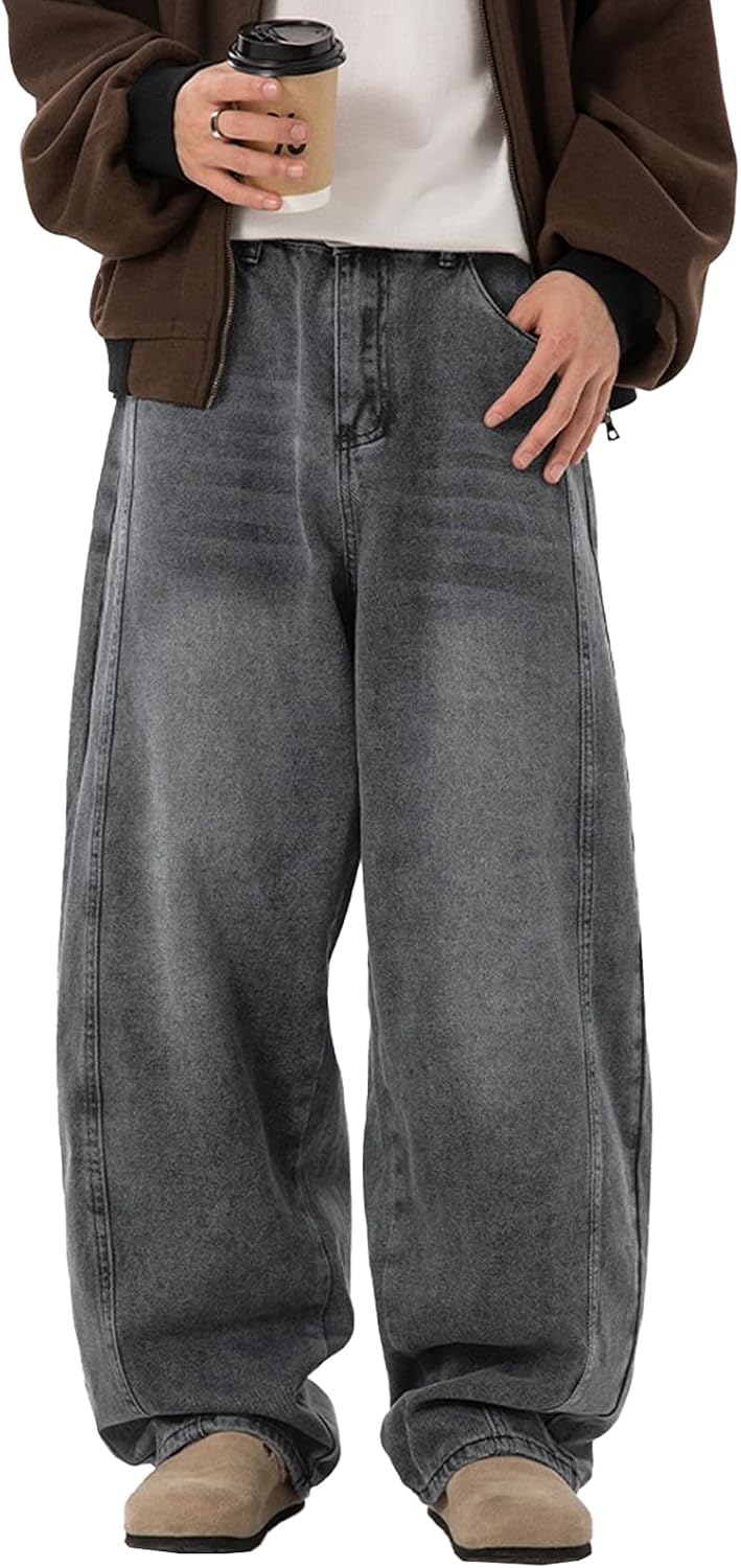Men's Washed Baggy Jeans - Wide Leg Loose Fit Hip Hop Denim Pants in a Y2K Streetwear Cut - Black