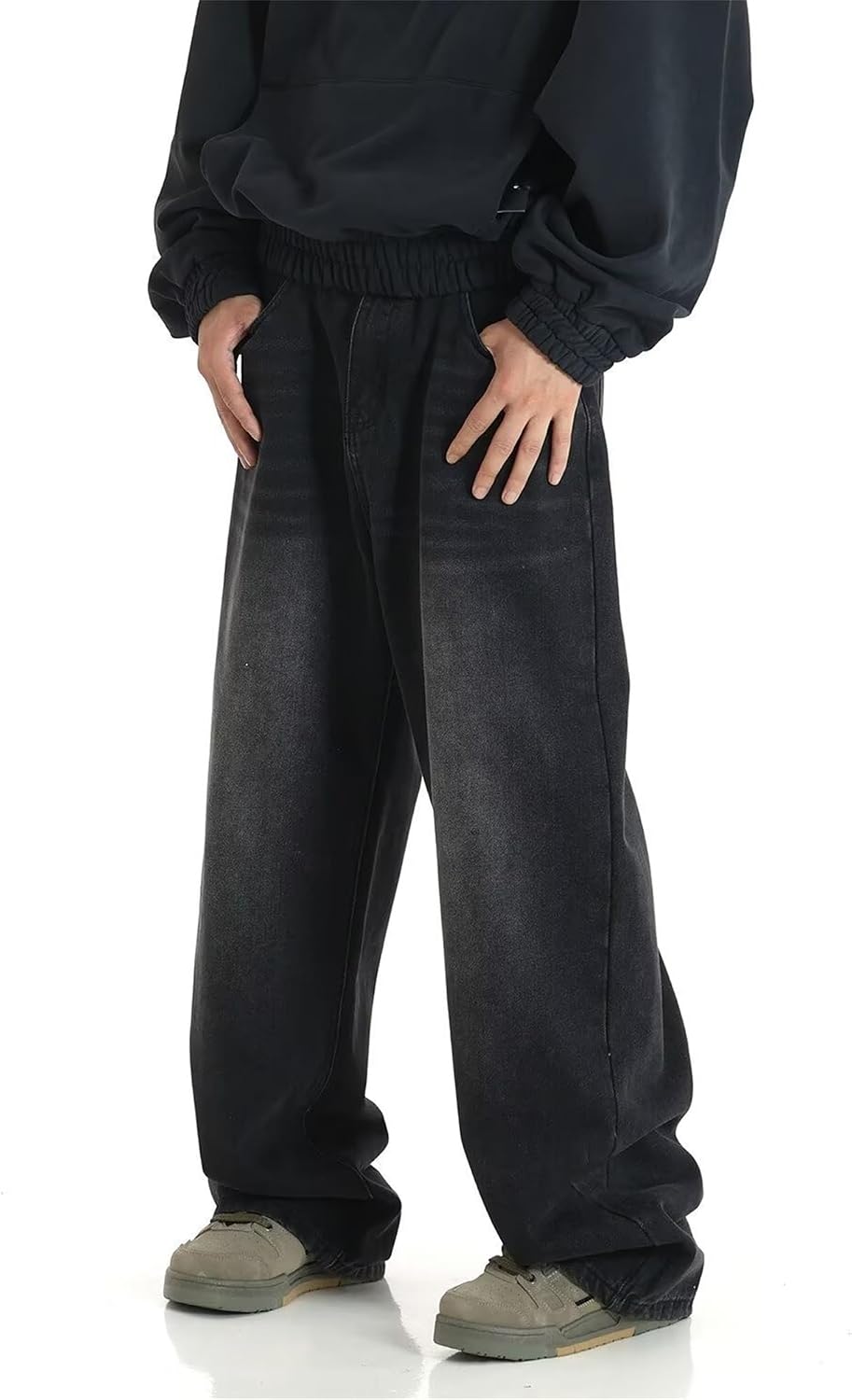 Men's Washed Baggy Jeans - Wide Leg Loose Fit Hip Hop Denim Pants in a Y2K Streetwear Cut - Black