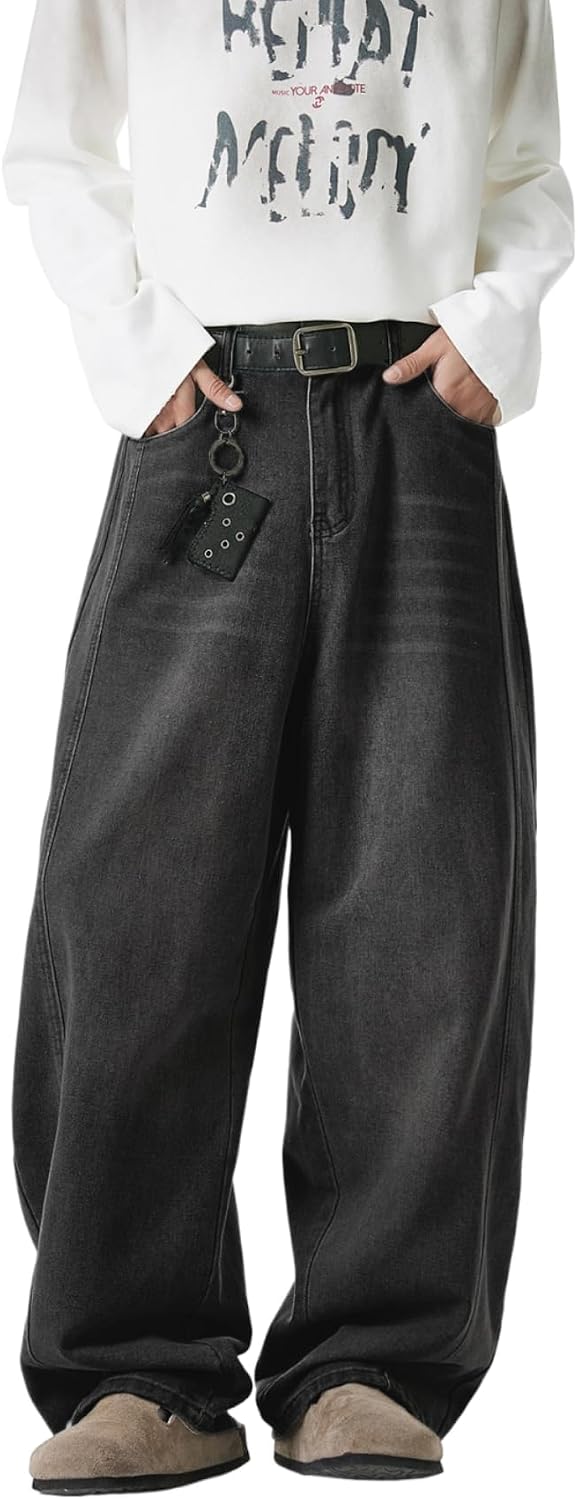 Men's Washed Baggy Jeans - Wide Leg Loose Fit Hip Hop Denim Pants in a Y2K Streetwear Cut - Black