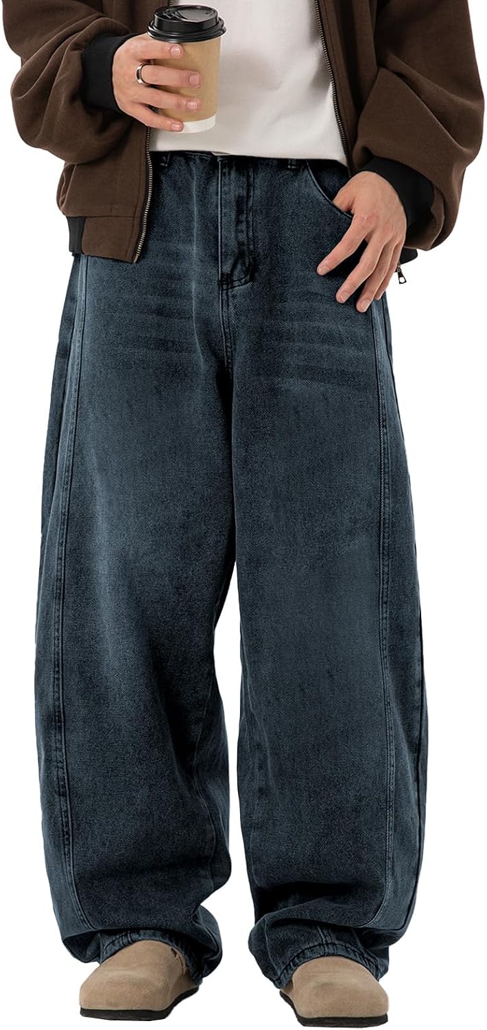 Men's Washed Baggy Jeans - Wide Leg Loose Fit Hip Hop Denim Pants in a Y2K Streetwear Cut - Blue