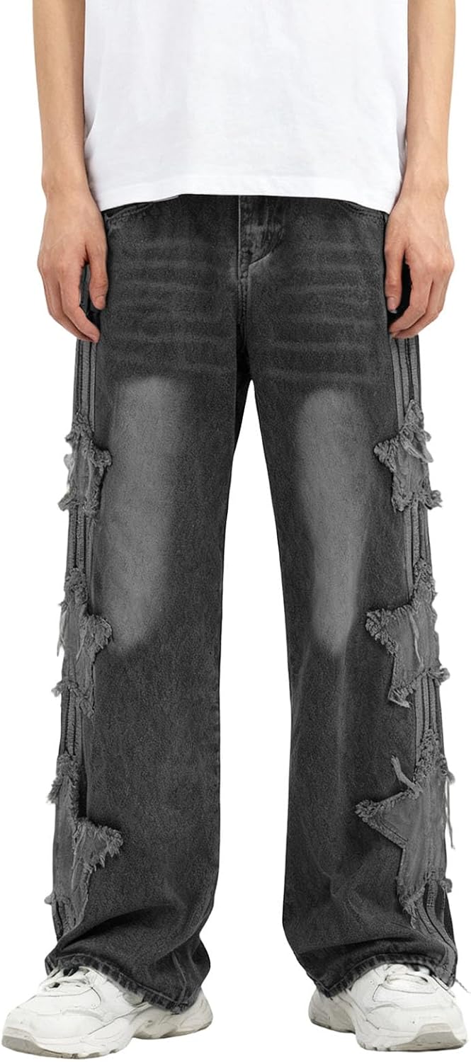 Men's Washed Baggy Jeans - Wide Leg Loose Fit Hip Hop Denim Pants in a Y2K Streetwear Cut - Blue