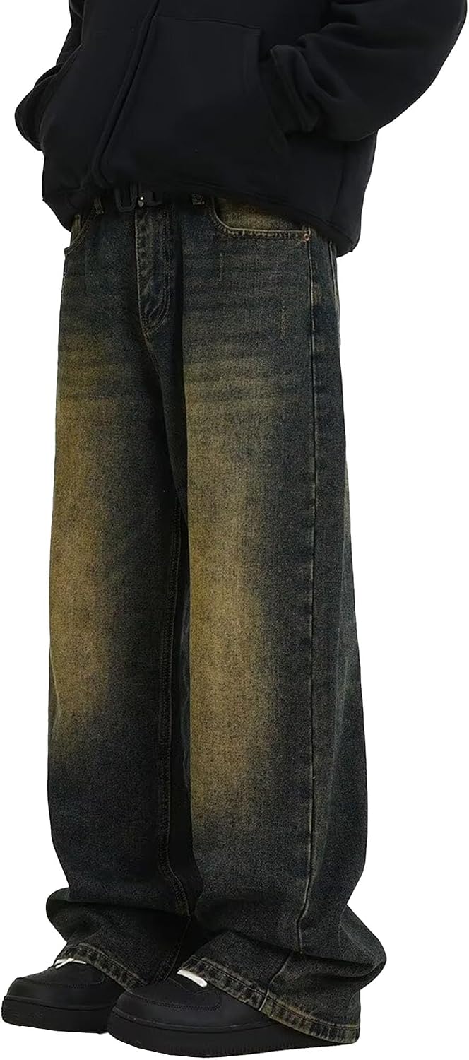 Men's Washed Baggy Jeans - Wide Leg Loose Fit Hip Hop Denim Pants in a Y2K Streetwear Cut - Blue