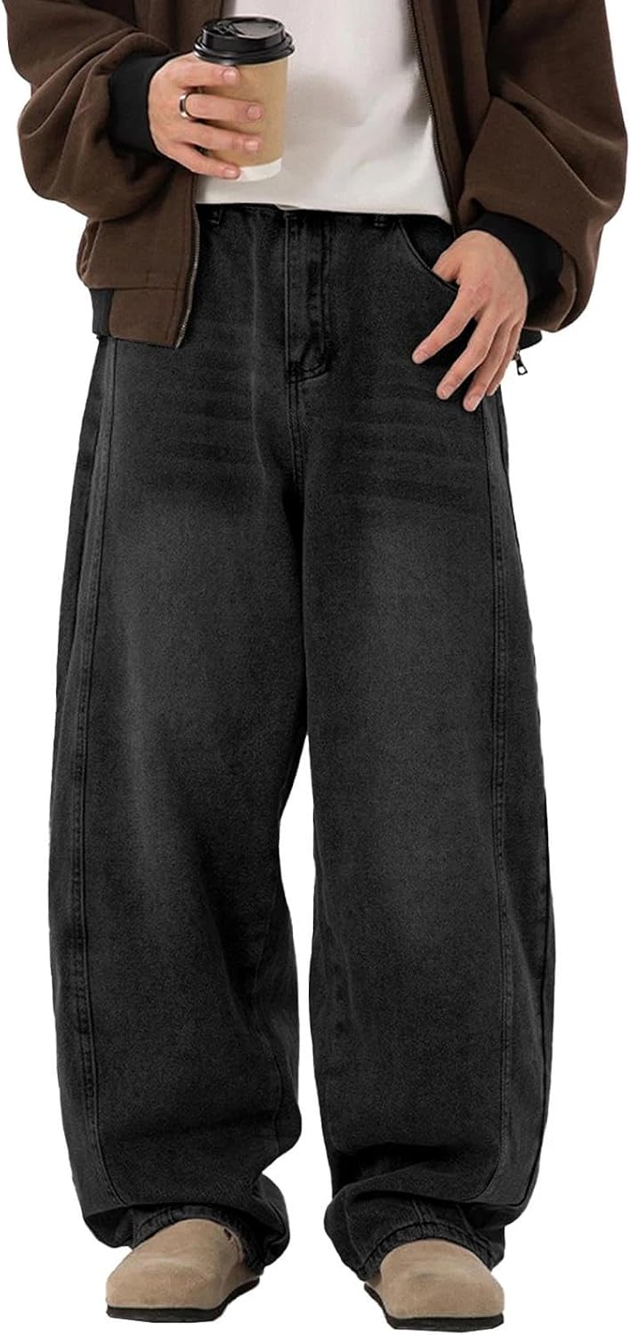 Men's Washed Baggy Jeans - Wide Leg Loose Fit Hip Hop Denim Pants in a Y2K Streetwear Cut - Blue (12)