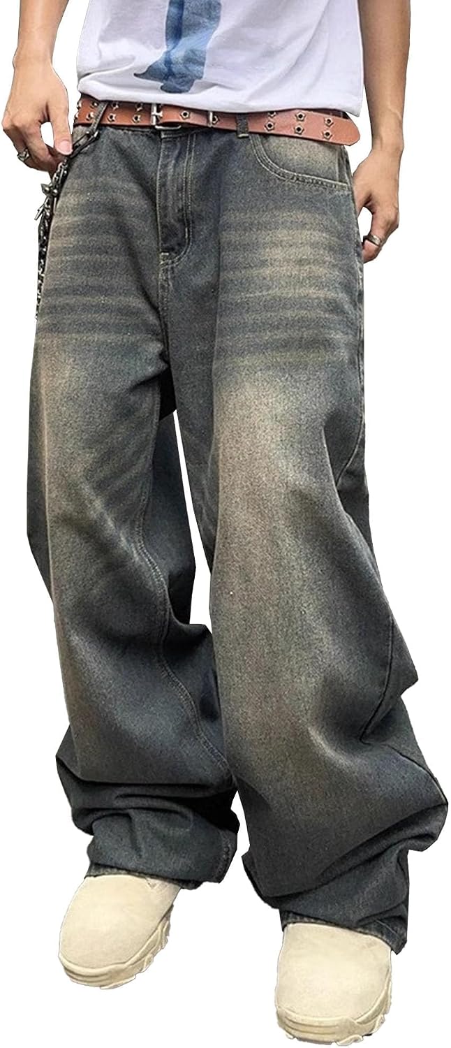 Men's Washed Baggy Jeans - Wide Leg Loose Fit Hip Hop Denim Pants in a Y2K Streetwear Cut - Z91-black 04 (16)