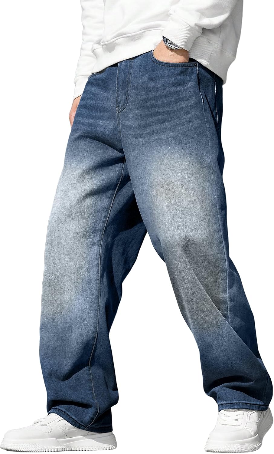 Men's Wide Leg Baggy Jeans - Stretch Straight Leg Carpenter Denim with Vintage Loose Fit for Skate Days - Small