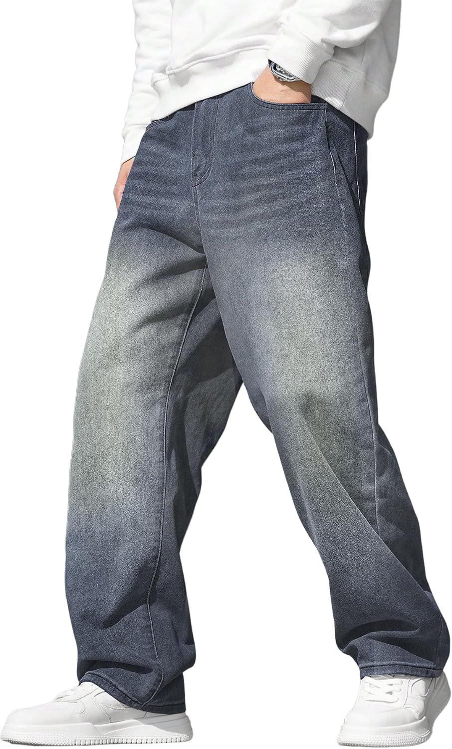 Men's Wide Leg Baggy Jeans - Stretch Straight Leg Carpenter Denim with Vintage Loose Fit for Skate Days - Small