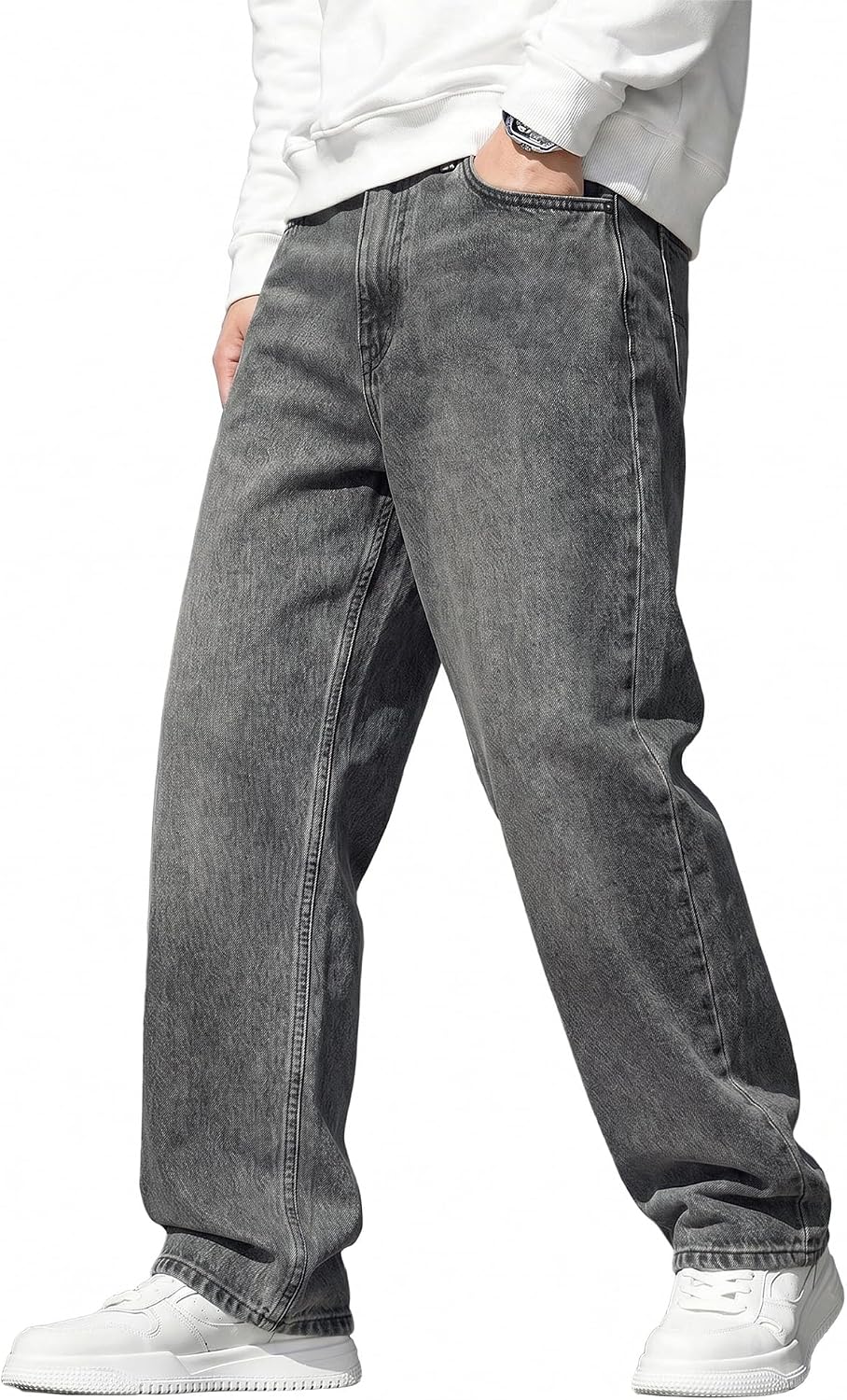 Men's Wide Leg Baggy Jeans - Stretch Straight Leg Carpenter Denim with Vintage Loose Fit for Skate Days - Small