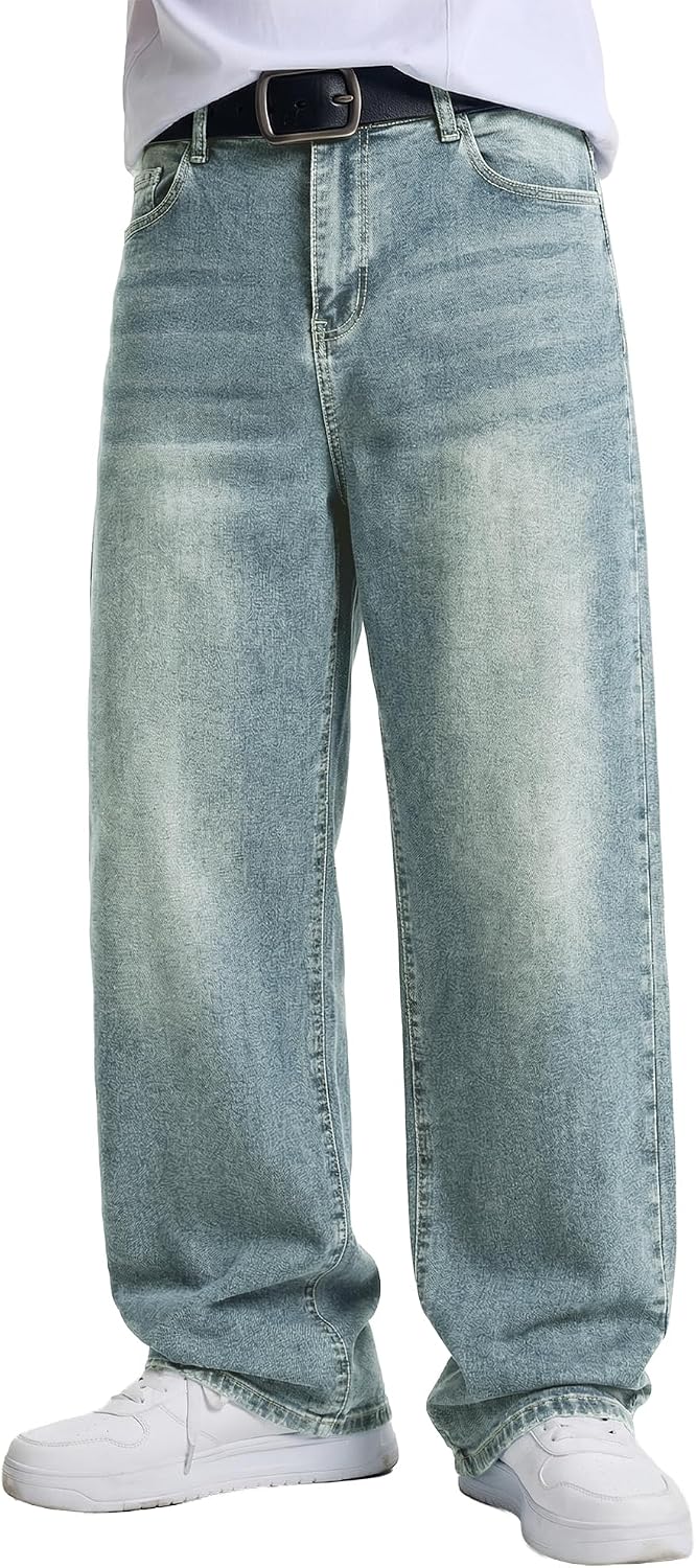 Men's Wide Leg Baggy Jeans - Stretch Straight Leg Carpenter Denim with Vintage Loose Fit for Skate Days - Small (10)