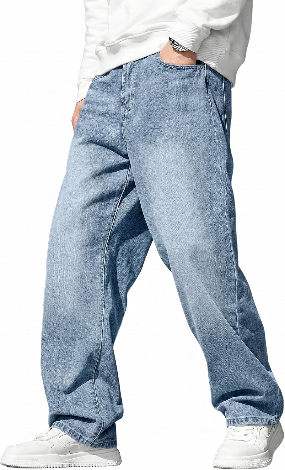 Men's Wide Leg Baggy Jeans - Stretch Straight Leg Carpenter Denim with Vintage Loose Fit for Skate Days - Medium