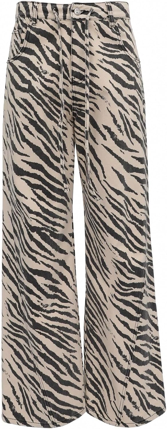 Unisex Zebra Stripe Baggy Jeans - High Waist Drawstring Denim with Loose Retro Fit for Streetwear Days - Small